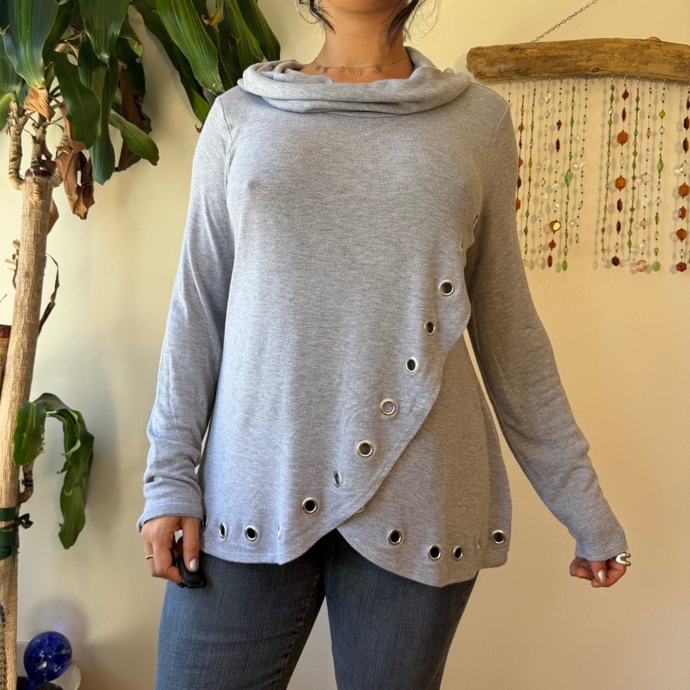 Belldini Gray Asymmetrical Grommet Cowl Neck Top Indie Sleaze Grunge Twee XL